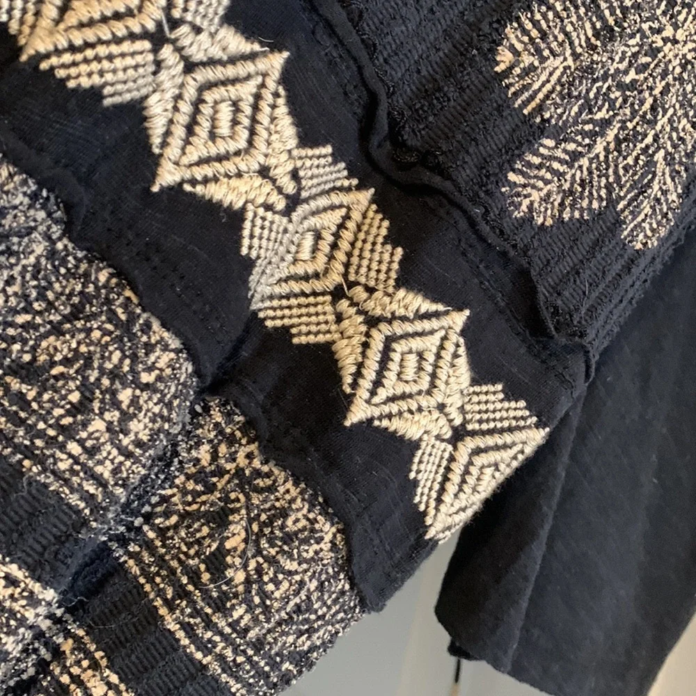 Free People Black w/ Tan Embroidered top. Drawstring Bottom. 0ne button front XS - Picture 7 of 10